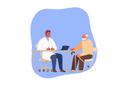 Illustration d’un homme âgé avec une canne en consultation avec son médecin en blouse devant son ordinateur